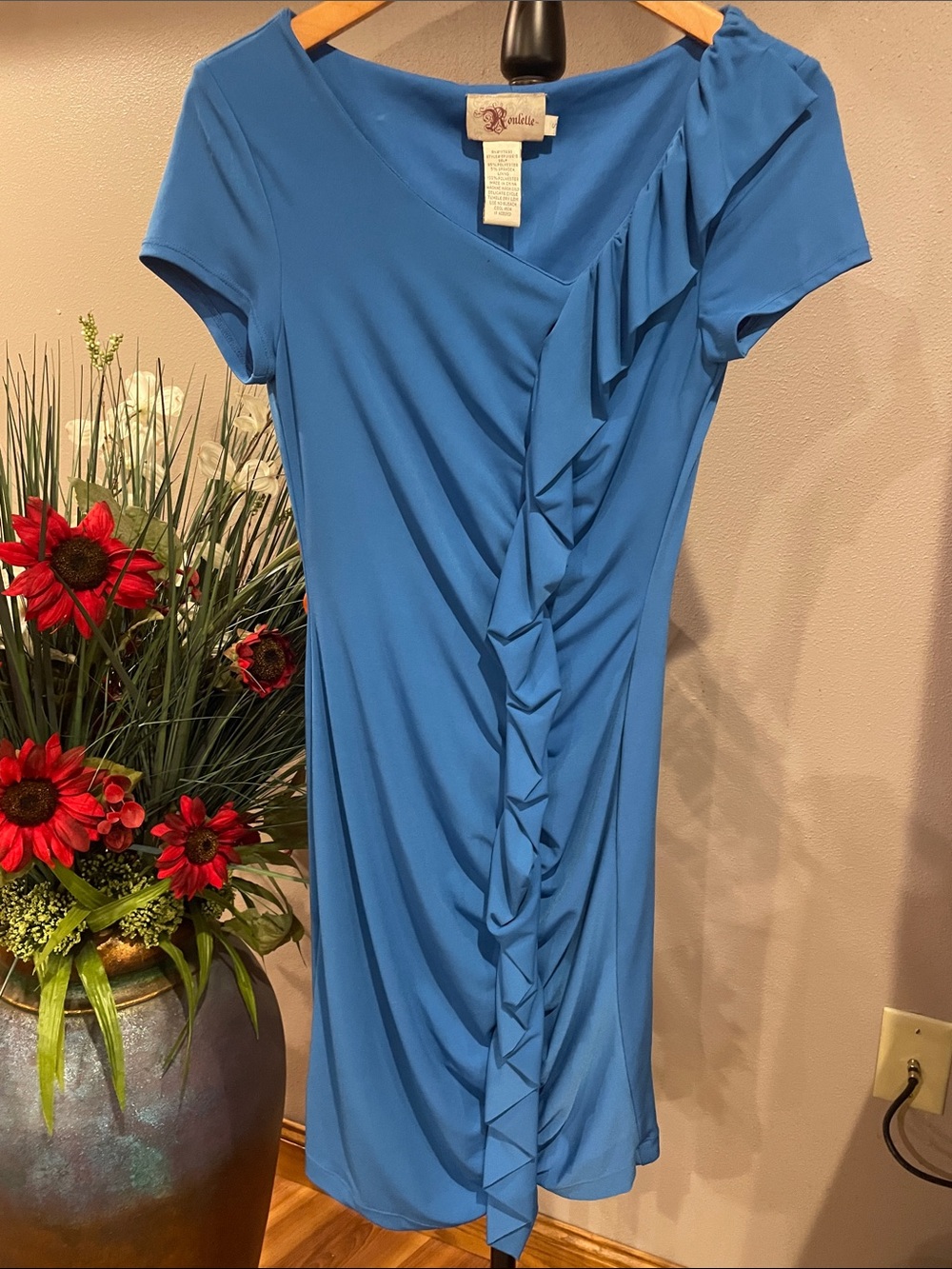 Roulette Blue Short-Sleeve Ruffle Front Dress
